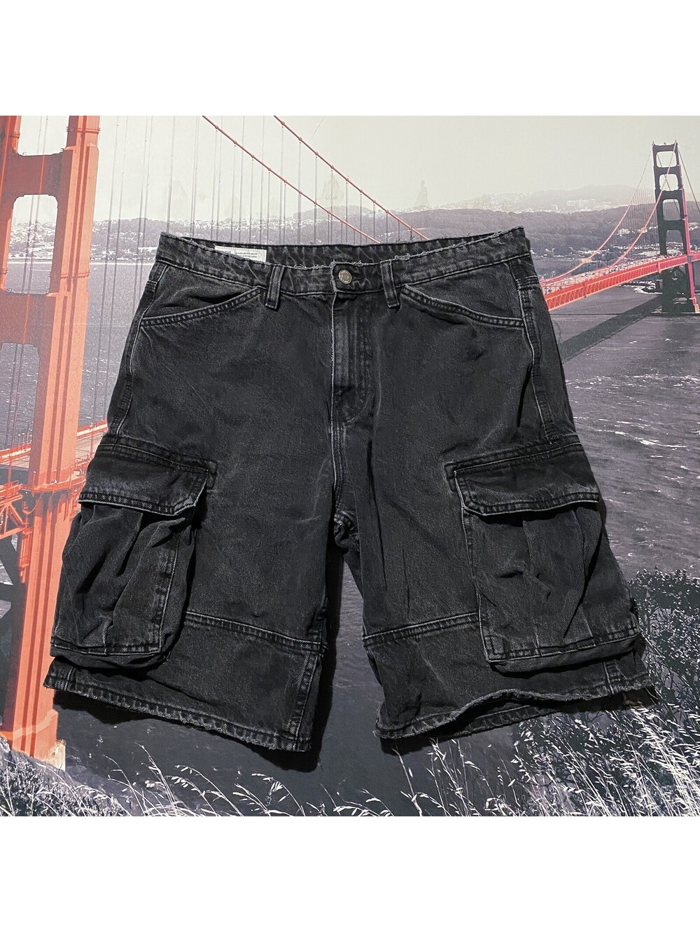 Zara Cargo Denim Shorts Mens 34 Black Utility Relaxed Fit Y2K Streetwear Skater